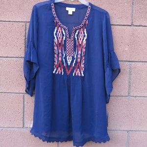 Style & Co Embroidered Sheer Top Dark Blue 1X  NWT